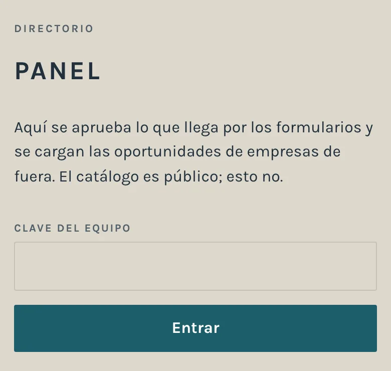 La pantalla de entrada del panel
