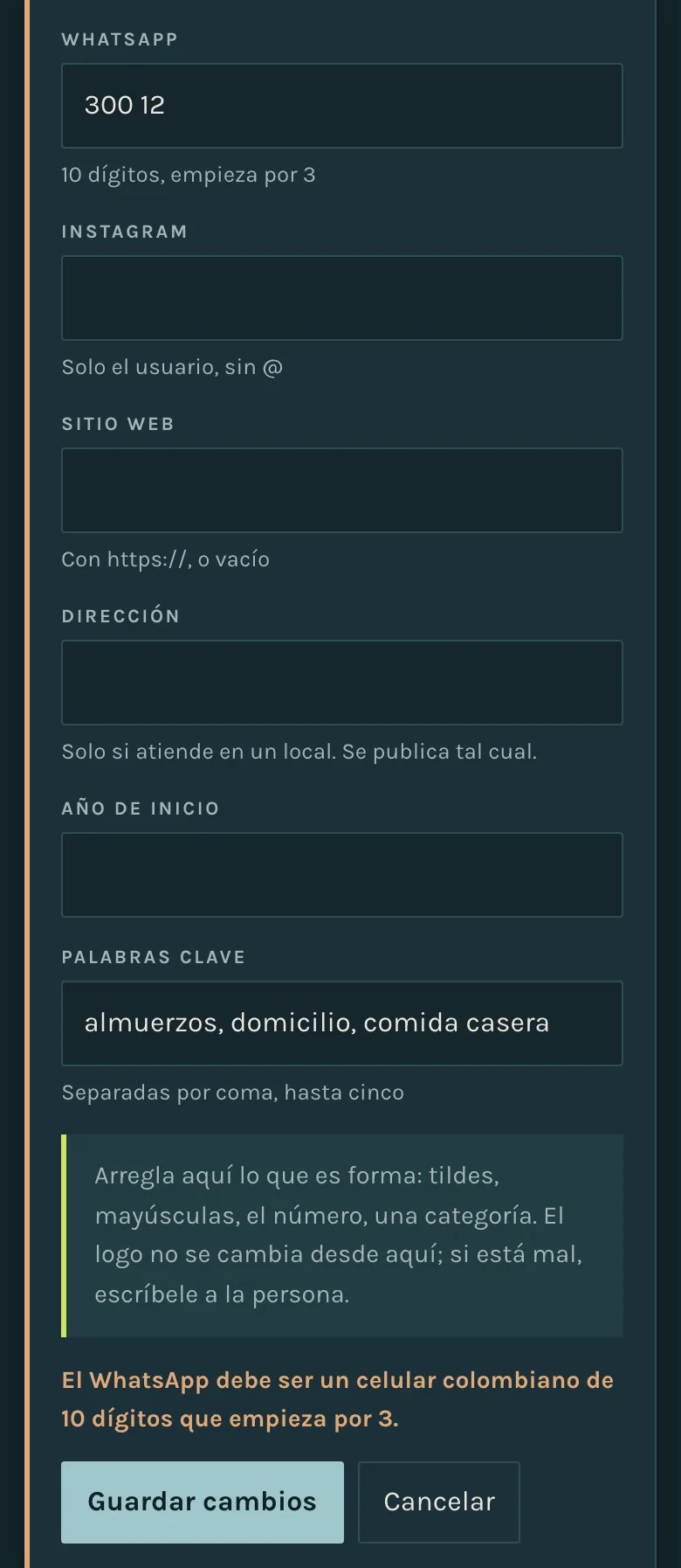 El final del formulario de edición, con un error